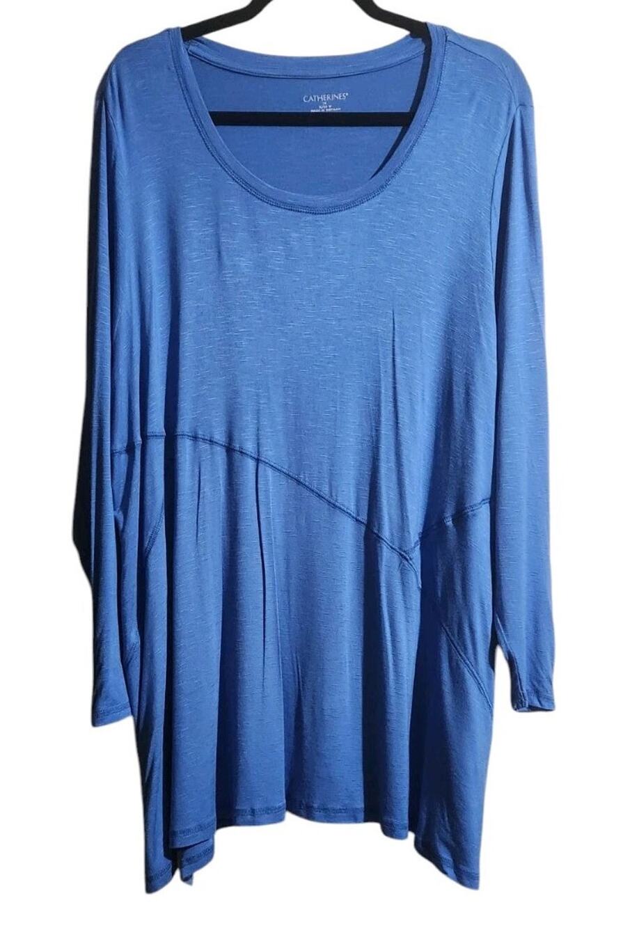 Catherine's Sz 1X Shirt Top Blue Travel Stretch 3/4 Snap Sleeve Long Tunic Artsy